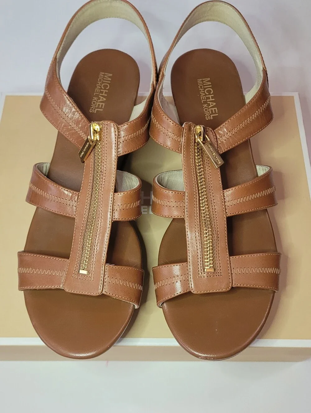 Michael Kors - Tan Leather Zip-Front Platform Wedge Sandals -  Size 10M